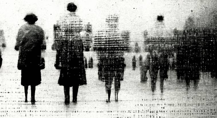 Old photograph of people with backs turned. Generated by Midjourney.