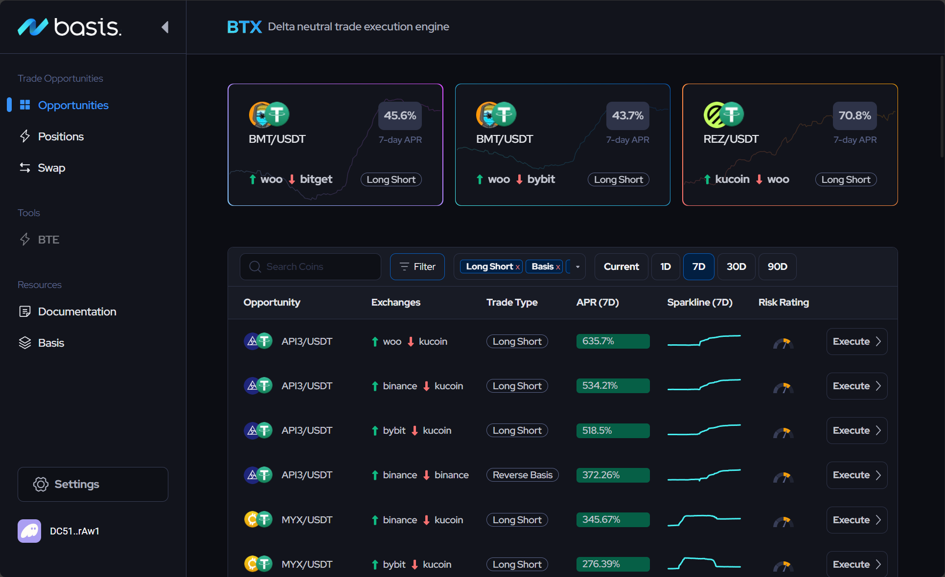 The dashboard for BTX (Basis Trade eXecutor), your delta-neutral trading plaform