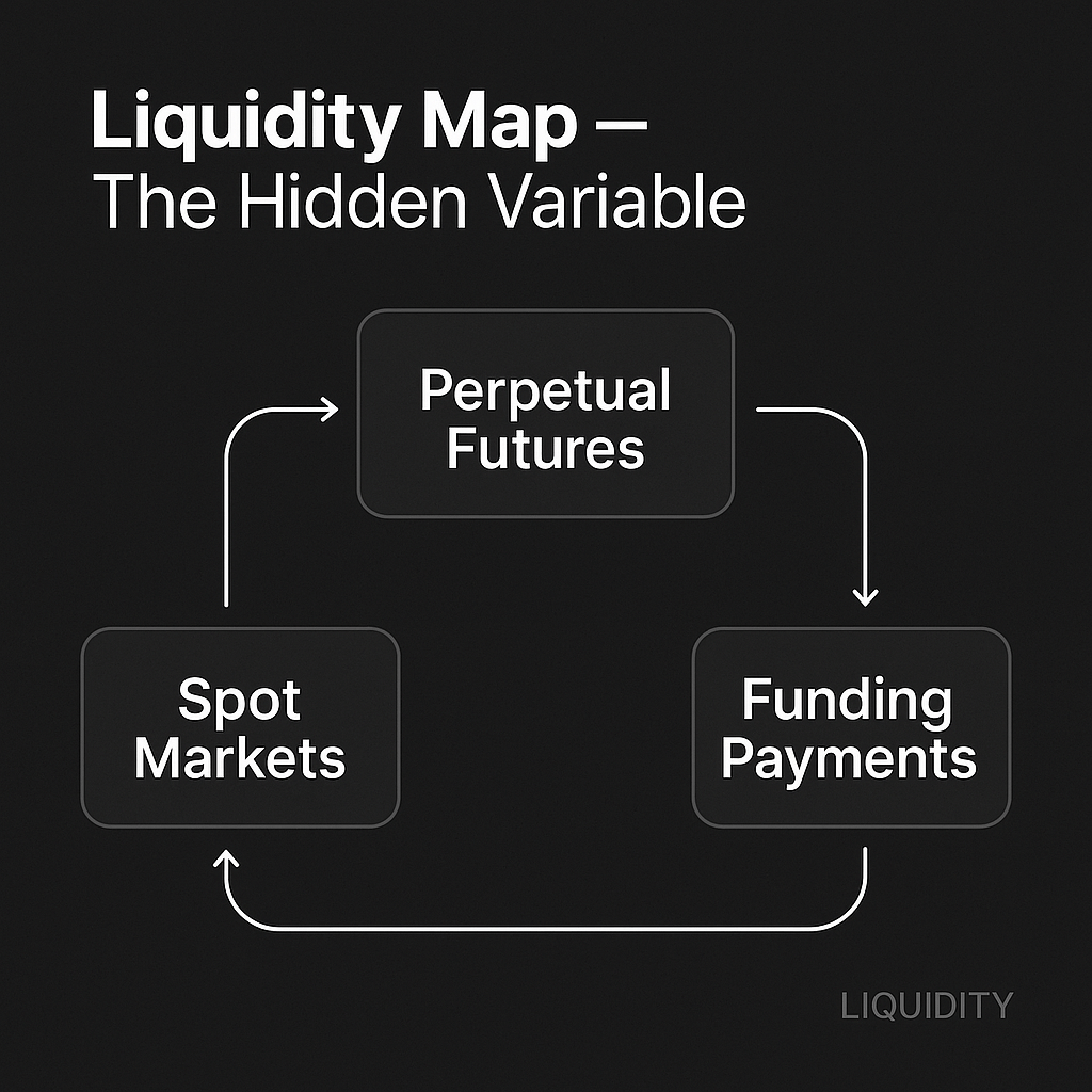 A digital map connecting three glowing liquidity pools labeled Spot, Perpetuals, and Funding, with white circuit-like lines flowing between them. Symbolizes how liquidity moves and interlinks across markets.