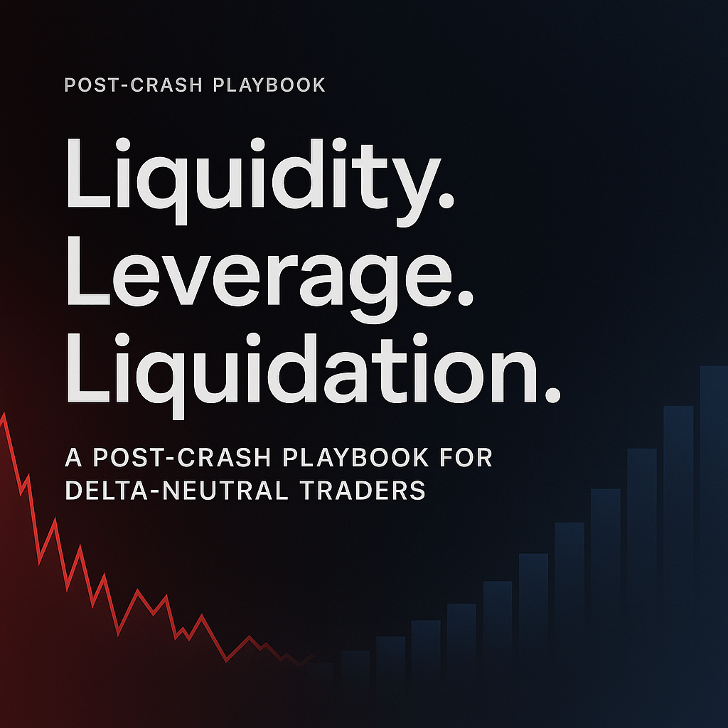 A dark fintech-style header image displaying the title “Liquidity. Leverage. Liquidation.” over subtle glowing chart waves. 